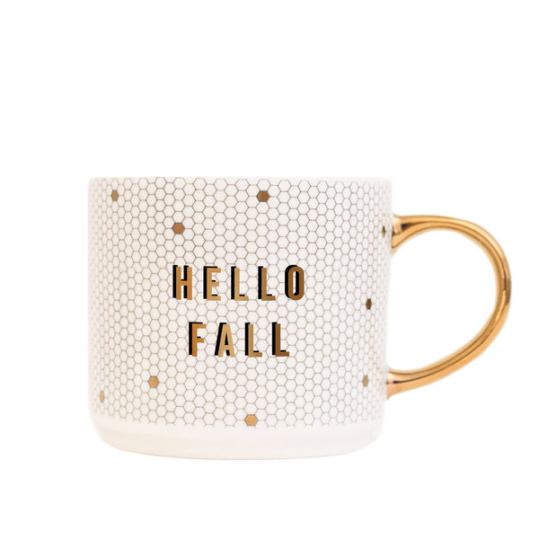 Hello Fall - Gold, White Honeycomb Tile Coffee Mug - 17 oz