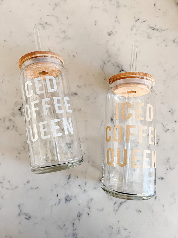 20 oz Glass Can Cold Cup w/ Lid and Straw Iced Coffee Queen