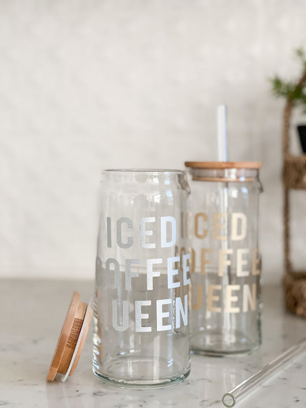 20 oz Glass Can Cold Cup w/ Lid and Straw Iced Coffee Queen