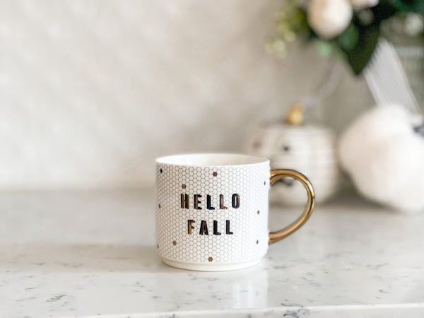 Hello Fall - Gold, White Honeycomb Tile Coffee Mug - 17 oz