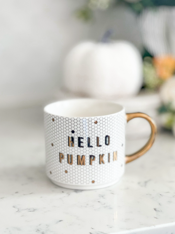 Hello Pumpkin - Gold, White Honeycomb Tile Coffee Mug- 17 oz