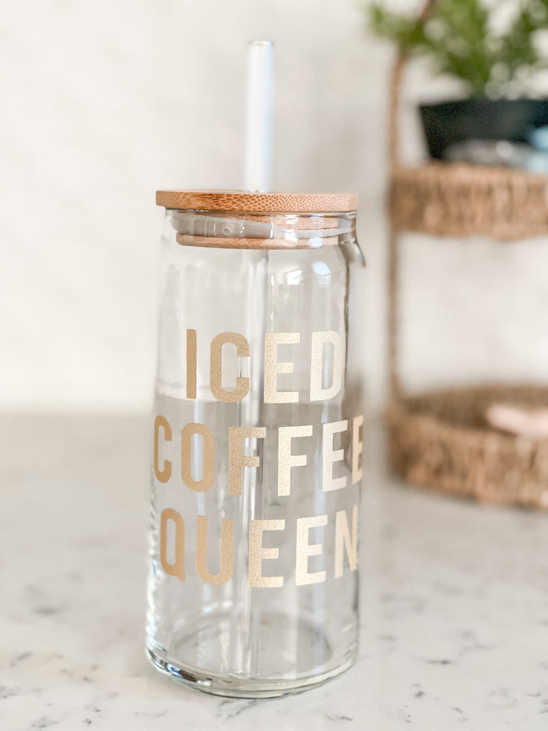 20 oz Glass Can Cold Cup w/ Lid and Straw Iced Coffee Queen – MERMAIDS AND  MOCHA